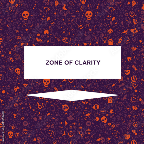 This vibrant purple background, adorned with playful orange Halloween icons, features a prominent white banner proclaiming 'ZONE OF CLARITY' for focused thought.