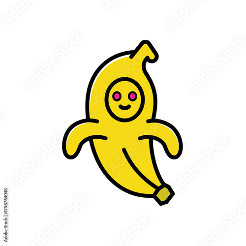 A charming yellow banana cartoon character with a friendly smiling face and bright pink eyes is playfully illustrated against a clean white background.