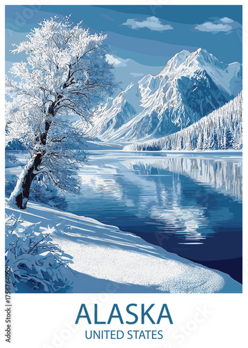 Serene Alaskan winter landscape with frosted trees, snow-covered mountains, and reflective waters ideal for travel and holiday promotional marketing