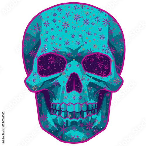 A vibrant, geometrically stylized skull, adorned with intricate star patterns in striking teal, purple, and pink, blending modern digital art with cultural themes.
