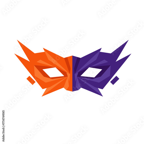 A vibrant, angular mask featuring a striking split design with contrasting orange and purple halves, evoking mystery and festive celebration.