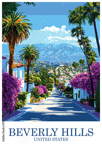 Tableau sur toile Charming Beverly Hills Street Scene Vector Illustration with Lush Bougainvillea,