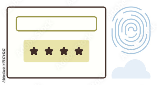 Password field with star input, fingerprint biometric icon, and cloud. Ideal for security, authentication, user access, data safety, privacy technology innovation. Simple flat metaphor