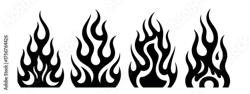 Four black flame designs against a white background for graphic artistry