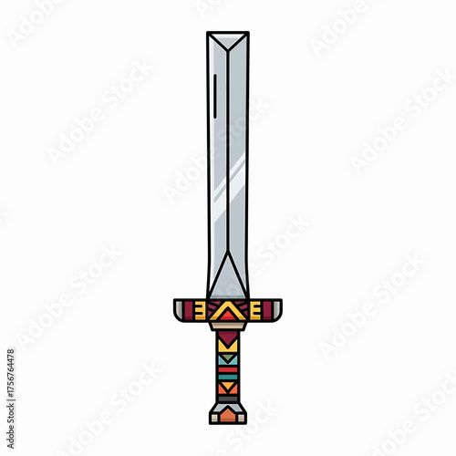 Fantasy broadsword with a colorful geometric patterned hilt, a stylized ancient warrior weapon icon isolated on a white background