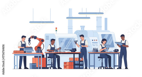 Workers in a factory setting with machinery and a robotic arm illustration.