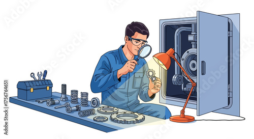 Man inspecting parts with magnifying glass next to open safe illustration.
