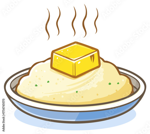 Hot Mashed Potatoes Topped with Butter Illustration on Plate Cartoon Style