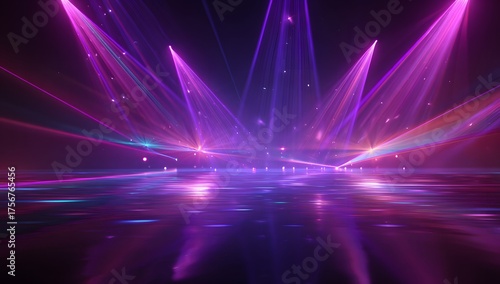 Vibrant purple and pink stage lights illuminate a reflective surface creating an energetic and dynamic visual spectacle for events