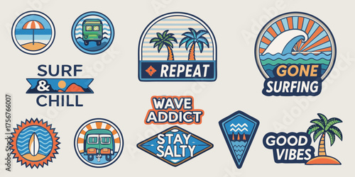 Photography Collection of vintage style surfing and beach themed patches and stickers with i
