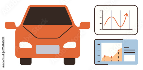 Bright orange car alongside data graphs and rising trends showcasing automotive analytics and insights. Ideal for technology, innovation, transport, business growth, problem-solving, marketing