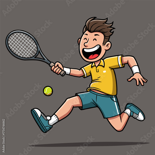 A very excited cartoon tennis player in a yellow shirt and teal shorts is aggressively running and swinging his racket to hit a tennis ball, set against a dark grey background.