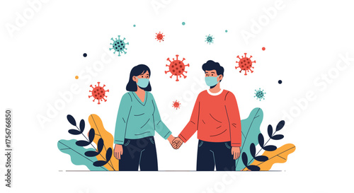 Two people holding hands wearing face masks surrounded by virus particles.