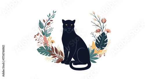 A majestic black panther sits serenely surrounded by a delicate floral wreath.