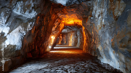 Fototapeta Naklejka Na Ścianę i Meble -  Underground tunnel with orange and white lights illuminating the rocky walls and stone floor. Cave scene background illustration.