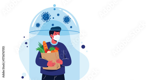 A man wearing a mask and holding a grocery bag stays protected from viruses under a shield.