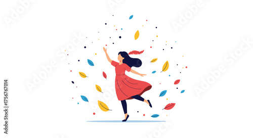 A woman in a red dress is joyfully dancing surrounded by falling colorful leaves.