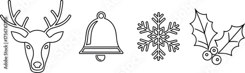 Black outline icons of a reindeer head bell snowflake and holly berries on white background reindeer head icon