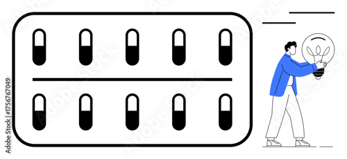 Medicine blister pack with capsules on left, person holding a large lightbulb on right. Ideal for healthcare, innovation, ideas, wellness, creativity, problem-solving scientific solutions. Simple