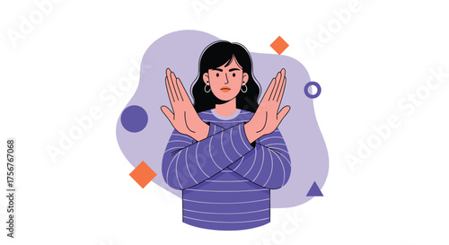 A woman holds her arms crossed to signal no or stop.