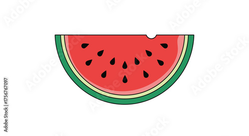 A close up of a slice of watermelon with black seeds.