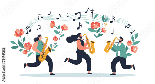Three musicians playing saxophones surrounded by floral accents and musical notes.