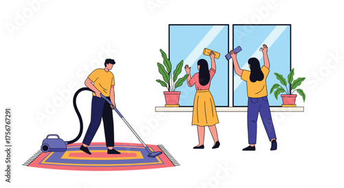 People cleaning the house and windows together with joy.
