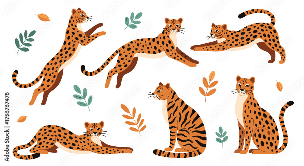 Obraz premium A collection of various big cats in different poses with foliage.