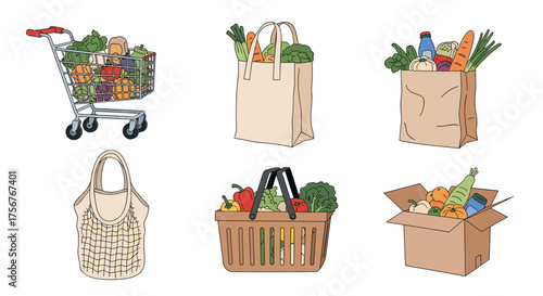 Various grocery bags and shopping carts filled with fresh produce.