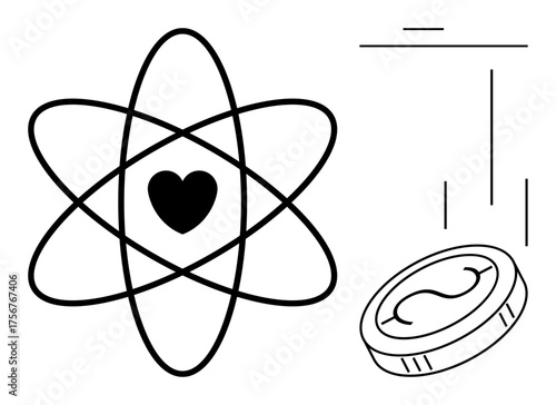 Atomic structure with heart nucleus, a coin in motion, and dynamic lines. Ideal for science, love, value, energy, relationships innovation balance concepts. Simple flat metaphor