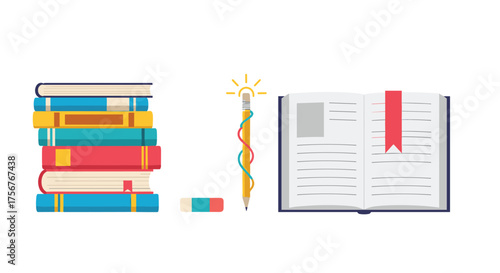 Illustration of stacked books a pencil with a glowing tip and an open book.