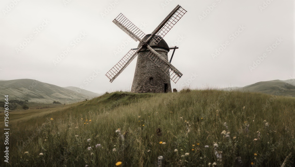 Fototapeta premium A classic stone windmill stands atop a grassy knoll under an overcast sky