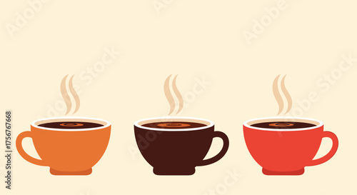 Three steaming cups of hot coffee in different colors.