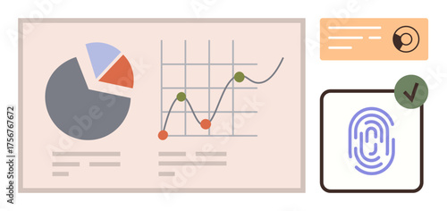 Pie chart, line graph, fingerprint with checkmark, and analytic interface elements. Ideal for technology, business, finance, security identity analytics innovation themes. Simple flat metaphor
