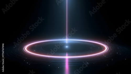 Illuminated circular platform emitting vibrant beams of light in a dark abstract environment