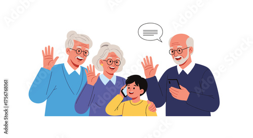 Grandparents waving hello to their grandson using a phone.