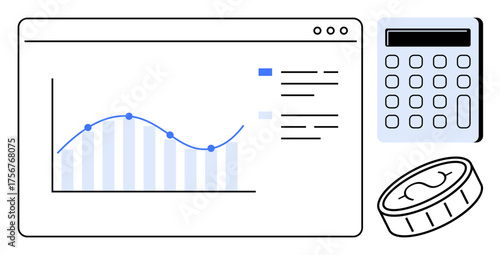 Analytical graph on a website interface, calculator, and coin emphasizing financial planning, business analytics, investment tracking. Ideal for finance, budgeting, accounting, data analysis themes