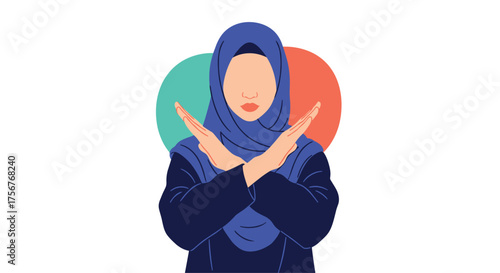 Woman wearing hijab makes a cross arm gesture signifying stop or no.