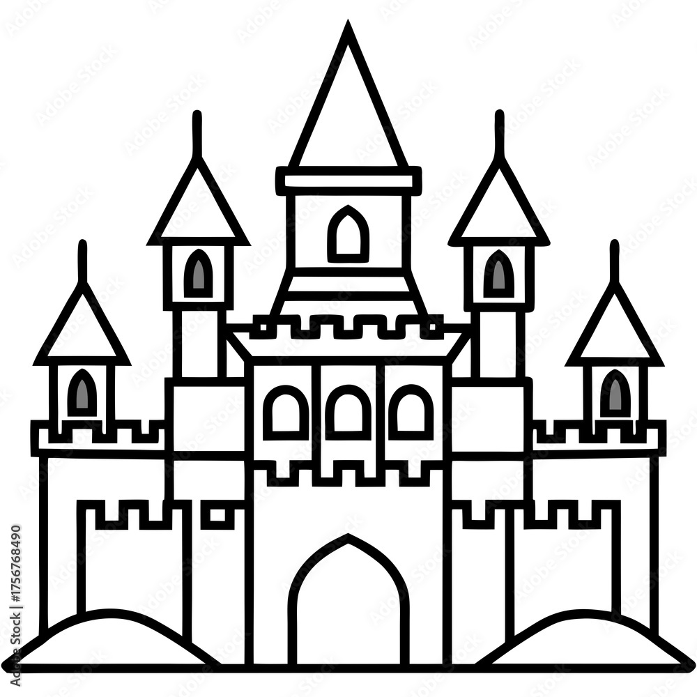 Fototapeta premium Fairytale Castle Line Art, a Fantasy Kingdom Icon for Coloring