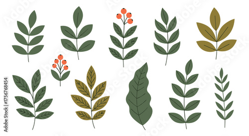 A collection of various stylized green and golden autumn leaves and twigs.