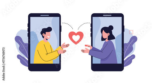 Online dating app connecting people through their smartphones with a heart symbol representing love.
