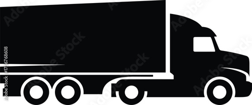 Black Silhouette of Semi Truck and Trailer Vector Icon | Monochrome Freight and Logistics Transportation