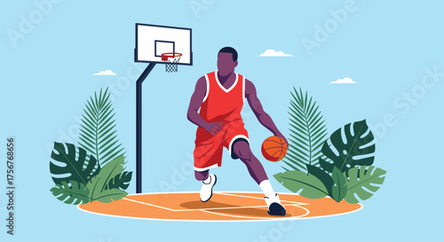 An athlete dribbles a basketball on a court with palm trees.