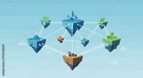 Decentralized Network of Floating Islands Representing a Blockchain or Distributed System for Illustrating Connectivity and Data Sharing. Ideal for explaining blockchain technology, distributed system