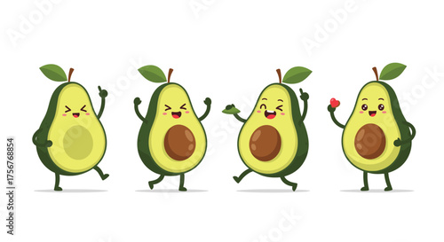 Four happy cartoon avocados dancing joyfully together.