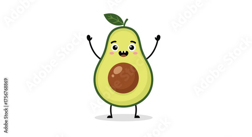A cute cartoon avocado dancing happily with its arms up in the air.