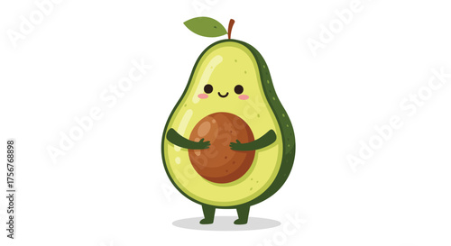 A cute cartoon avocado holding its pit with tiny legs and arms.