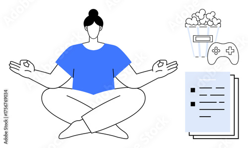 Person meditating cross-legged, surrounded by popcorn, game controller, and documents. Ideal for mindfulness, mental health, relaxation, time management, stress relief work-life balance