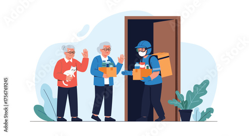Delivery person handing a package to elderly people at the door.