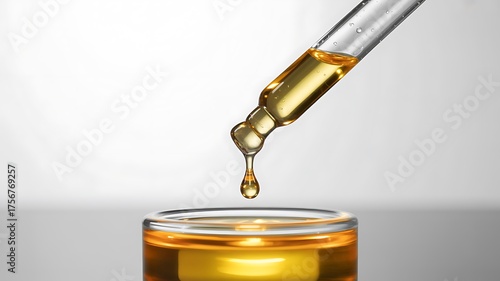 Wallpaper Mural Macro shot of golden liquid dropping from pipette into oil sample in glass vial Torontodigital.ca
